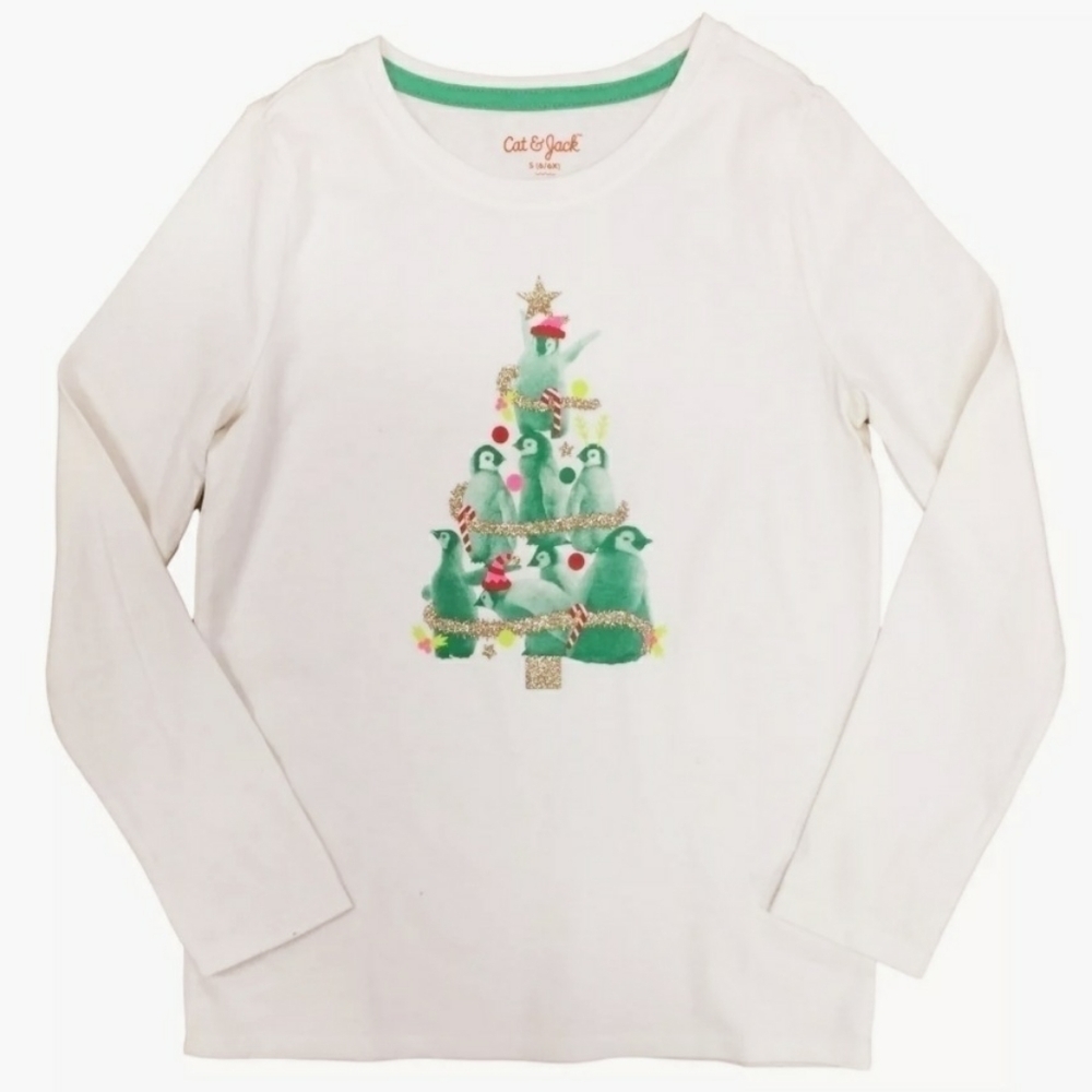 NWT Cat & Jack Penguin Christmas Tree T-Shirt White Long Sleeve Girl's Med 7/8